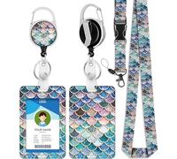 bolimoss Mermaid Lanyard with Card Holder, Plastic ID Card Holder with Breakaway Lanyard Retractable Reel Carabiner Clip, Keyring Badge Holders and Neck Strap for Keys Badge