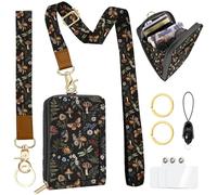 bolimoss Mushroom Lanyard for Wallet, Boho ID Badge Holder & Lanyard Wallet, Cute RFID Leather Keychain Wallets with Breakaway Wrist & Neck Lanyards for Women Worker Teacher Student Nurse