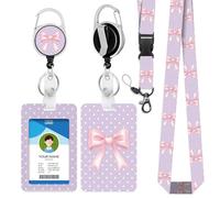 bolimoss Pink Bow ID Card Holder with Lanyard for Credit Card, Cute Adjustable Breakaway Lanyard Strap with Badge Reel Carabiner Clip,Purple Polka dots ID Card Protector Case for Women Teacher Office