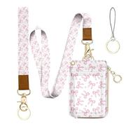 bolimoss Pink Bow Lanyard Wallet, Cute ID Badge Holder with Breakaway Neck & Wristlet Keychain Lanyards, Pu Leather Multiple Zip Id Case Wallet for Women Office Teacher Student Workers