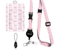 bolimoss Pink Bow Lanyard with ID Holder, Cute Leather ID Name Badge Card Holder with Adjustable Retractable Lanyards, Breakaway Lanyards with Swivel Metal Clasp for Women Nurse Teacher