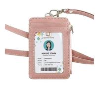 bolimoss Pink Lanyards for Id Badges, Vertical Pu Leather ID Badge Card Holder Wallet with 1 Clear ID Window, 4 Credit Card Slots, 1 Cash Coin Slot,Detachable Wristlet & Neck Lanyard, Ring Key Chain