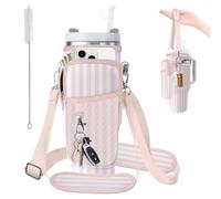 bolimoss Pink Water Bottle Carrier Bag with 3 Pocket for Stanley Cup 40/30oz Tumbler, Cute Water Bottle Cross-body Bag with Adjustable Shoulder & Hand Strap, Neoprene Stanley Cup Carrier for Yoga