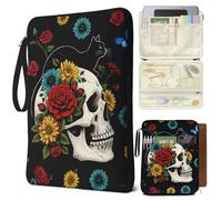 Bolimoss Skull Book Protector Case, Black Cat PU Leather Waterproof Book Sleeve with Handle, Kindle Carrying Case with Zipper Pockets for Paperbacks Hardcover, Gifts for Reader Lovers(Black)