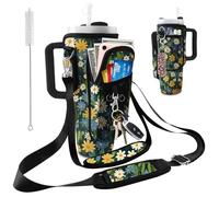 bolimoss Stanley Cup Bag, Black Cat Stanley Cup Accessories Holder with Phone Pockets & Adjustable Straps, Daisy Neoprene Portable Pouch Bag Fits 40oz Tumbler for Hiking Travelling