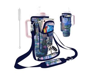 bolimoss Stanley Cup Bag Fits 40 oz Tumbler, Neoprene Water Bottle Pouch with Phone Pocket, Stanley Cup Accessories with 2 Adjustable Straps & 3 Pockets for Hiking-Water Lilies Monet Painting