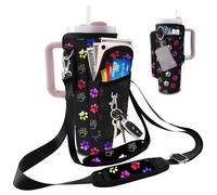 bolimoss Water Bottle Bag for Stanley Cup 40oz/30oz with Phone with Adjustable 2 Straps & 3 Pockets, Stanley Accessories Neoprene Water Bottle Carrier for Walking Travel Hiking Gym-Dog Paw