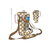 bolimoss Water Bottle Carrier Bag for Stanley 40 oz Tumbler Accessories Holder with Adjustable Strap & Phone Pocket for Bottles Checkered Plaid Neoprene Stanley Cup Accessories for Walking