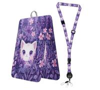 Bolimoss White Cat Lanyard with ID Holder, Cute Floral ID Badge Holder with Retractable Reel, Double Sided Clear Badge Holder with Clip, Adjustable Breakaway Badge Lanyards for Women Teacher (Purple