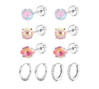 Bolinteri Hypoallergenic Flat Back Earrings for Women Rose Fireworks Cut Evil Eye CZ Surgical Steel Stud Hoop Earrings Set For Sensitive Ears Stainless Steel Screw Back Sleeping Earring Gifts, S