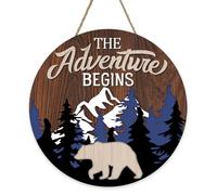 Bolisom Camper The Adventure Begin Front Door Sign, Camping Bear Woodland Mountain Cabin Wood Hanger Outdoor Outside Home Decor, Farmhouse Rustic Forest Wooden Wreath Indoor Wall Hanging Decoration