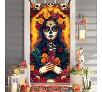 Bolisom Dia De Los Muertos Mexico Woman Front Door Cover Decorations, Day of The Dead Sugar Skull Ofrenda Rose Flower Decorative Banner Background, Mexican Fiesta Indoor Outdoor Home Decor 3x6 FT