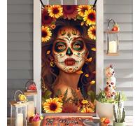 Bolisom Dia De Los Muertos Mexico Woman Front Door Cover Decorations, Day of The Dead Sugar Skull Sunflower Ofrenda Decorative Banner Background, Mexican Fiesta Indoor Outdoor Home Decor 3 x 6 FT