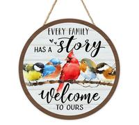 Bolisom Every Family Has A Story Welcome to Ours Birds Front Door Sign, Watercolor Cardinal Bluebird Robin Chickadee Wood Plaque Hanger Home Decor, Farmhouse Wooden Wreath Wall Hanging Decoration