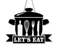 Bolisom Funny Kitchen Let's Eat Front Door Sign, Cooking Utensil Stockpot Kitchenware Baking Wood Plaque Hanger Home Decor, Farmhouse Dining Room Restaurant Wooden Wreath Wall Hanging Decoration