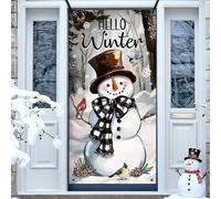 Bolisom Hello Winter Snowman Front Door Cover Decorations, Snowy Forest Birds Decorative Banner Background, Christmas Farmhouse Indoor Outdoor Home Decor 3 x 6 FT