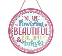 Bolisom Inspirational Quote Pink Front Door Sign, You Are Powerful Beautiful Brilliant and Brave Wood Hanger Outdoor Outside Porch Home Decor, Motivational Wooden Wreath Indoor Wall Hanging Decoration