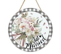 Bolisom Just Married Rose Flower Front Door Sign, Romantic Floral Wood Plaque Hanger Wedding Engagement Home Decor, Buffalo Plaid Anniversary Bridal Shower Wooden Wreath Indoor Wall Hanging Decoration