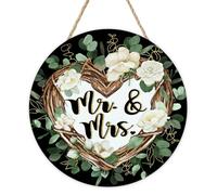 Bolisom Mr. and Mrs. Just Married Front Door Sign, Romantic Wedding Love | Heart Rose Flower Wreath Wood Plaque Hanger Decor, Black Engagement Anniversary Wooden Wreath Wall Hanging Decoration Gifts