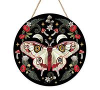 Bolisom Mystical Forest Gothic Butterfly Front Door Sign, Moth Mushroom Fairytale Dark Cottagecore Outdoor Wood Plaque Hanger, Fall Botanical Plant Flower Wooden Wreath Wall Hanging Home Decoration