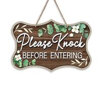 Bolisom Please Knock Before Entering Front Door Sign, Eucalyptus Leaves Wood Door Hanger Business Office Home Decor, Botanical Wooden Wreath Indoor Bedroom Meeting Room Wall Hanging Decoration