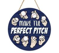 Bolisom Spin Grip Baseball Make the Perfect Pitch Front Door Sign, Navy Blue Baseball Pitching Trainer Boys Room Men Cave Wood Plaque Hanger, Wooden Wreath Wall Decor Sport Lover Player Coach Gift
