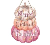 Bolisom Thanksgiving Pink Gold Pumpkin Front Door Sign, Fall Blessed Grateful Thankful Wood Hanger Outdoor Outside Porch Home Decor, Autumn Farmhouse Wooden Wreath Indoor Wall Hanging Decoration