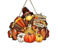 Bolisom Thanksgiving Turkey Pumpkin Front Door Sign, Fall Grateful Thankful Blessed Wood Hanger Outdoor Outside Porch Home Decor, Autumn Farmhouse Wooden Wreath Indoor Wall Hanging Decoration