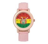 Bolivia Flag Women's Leather Watch Easy Reader Minimalist Wristwatch Pink Rose Gold Strap Watches