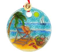 Bolla Glass Art - Beach Scene Ornament - Handmade Fused Glass, 2.5-Inch Hanging Decoration for Windows, Christmas Tree, Car Charm, Memorial Gift, Eco-Friendly with Tagua Bead Suncatcher