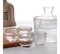 BOLLAER Sake Pot Set, Japanese Cold Sake Glasses, Clear Unique Trendy Floating Design, 1 Sake Carafe Bottle 1 Sake Tank and 4 Saki Cups for Cold/Warm/Hot Sake, Birthday Housewarming Gift Set