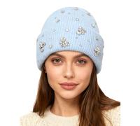 BOLLEY JOSS Womens Winter Beanies Sparkle Crystal Rhinestone Knitted Beanie Hats Shiny Bling Skull Ski Cap, Light Blue, One Size