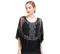 Bollrllr 1920S Shawl Wraps Beaded Sequin Fringe Evening Cape Sheer Mesh Bridal Wedding Party Shawl Black silver L#Adult