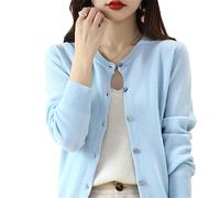 Bollrllr Women's Cashmere Cardigan Round Neck Sweater Spring Autumn Winter Long Sleeve Knitted Solid Color Soft Cardigan Sweater Sky Blue L