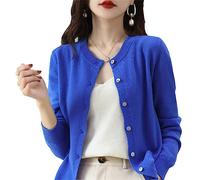 Bollrllr Women's Cashmere Cardigan Round Neck Sweater Spring Autumn Winter Long Sleeve Knitted Solid Color Soft Cardigan Sweater Blue L