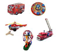 BOLLUMA 5pcs Mini Wind Up Walking Robot Fire Truck Helicopter Vehicles Ferris Wheel Carousel Clockwork Tin Toy with Key Collectible Gifts for Christmas Birthday
