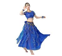 Bollywood Indian Womens Arabian lace Ribbon Belly Dance 3-Piece Dress Girl Costume (top/Skirt/Belt Scarf) (Blue, M)