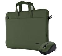 Trust Bologna Bag & Mouse Set, Slim Laptop Bag 16 Inch with Shoulder Strap, Eco Bag, Recycled Plastic Laptop Case, Silent Wireless Mouse, 800-1600 DPI, Sustainable Design - Green