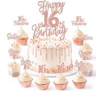 Bolosa 16th Birthday Cake Topper Set, 11Pcs Rose Gold Sweet 16 Cake Decorations with Glitter 16th Cupcake Toppers, 16th Birthday Party Supplies, Sixteen Cupcake Toppers for Girls