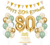 Bolosa 80th Birthday Decorations, Sage Green Gold Party Decor with Number 80 Balloons, 29 Pcs 80th Birthday Banner, Bunting & Cake Topper, for Women and Men, Mum, Dad, Grandma, Grandad Set