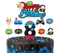 Bolosa 8th Birthday Gaming Cake Topper Set, 10 Pcs Game On Cake Topper with Number 8 Candle & Game Controller Picks, 8th Level Up Video Game Party Supplies for Boys Girls Kids Cake Decorations