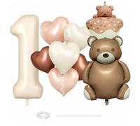 Bolosa Bear 1st Birthday Decorations, 1st Birthday Balloons Set | Aluminium foil, number 1 balloon, 2 bear designs and 6 heart shapes, 50-85 cm, straw and ribbon, for cake tables and photos