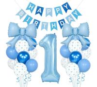 Bolosa Blue 1st Birthday Decoration Set with Happy Birthday Banner | Foil and latex balloons, paper Happy Birthday bunting, 40 in number 1, 21 in bow design, 12 in balloons, photo backdrop
