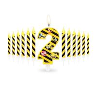 Bolosa Construction Birthday Decorations Number 2 Candle, 2nd Birthday Boy Digger Cake Topper with 12 Yellow and Black Candles, Construction Party Supplies for Digger 2nd Birthday Candle