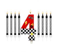 Bolosa Number 4 Birthday Candles 9 Pcs Set, 4th Racing Theme Cake Candles with Checkered Flag Candles, Red Number 4 Candle & 8 Checker Candles for 4th Birthday Decorations, Kids Race Car Party