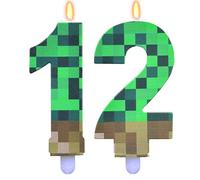 Bolosa Pixel 12th Birthday Cake Candle for Video Game Party Decorations, Green Number 12 Candle, Miner Theme Birthday Candles Numbers 12, Number 12 Cake Toppers for Gaming Birthday Party Decorations