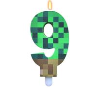 Bolosa Pixel 9th Birthday Cake Candle for Video Game Party Decorations, Miner Theme Number 9 Candle in High Quality Wax, 9.5cm Green Pixelated Birthday 9 Candle for Gaming Theme Cake Topper