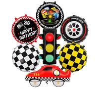 Bolosa Racing Birthday Balloons, 7 Pcs Race Car Foil Balloon Set with Traffic Light Balloon, Chequered Flag Balloons & Car Design, Boys Birthday Party Decorations for Kids Racing Theme Party
