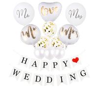 Bolosa Wedding Decorations Wedding Balloons Set 12 Pcs, Mr and Mrs Balloons with Happy Wedding Banner, White and Gold Love Heart Design, Engagement Party Decorations for Proposal & Bridal Shower