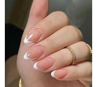 Boloshine 24 Pieces Short False Nails - White French Pointed Glossy False Nails Almond Press On Nails with Designs, Full Cover Press on Nails for Women and Girls Nail Art